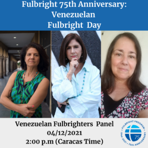 Venezuela Fulbright Day event flyer with three grantee photos