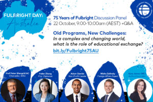 Promotional graphic for Australia's Fulbright Day on October 22, with blue splotchy design and headshots of the panelists at the bottom