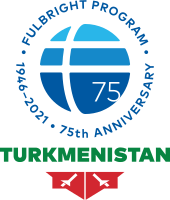 Fulbright 75th logo with Turkmenistan and red sword logo underneath