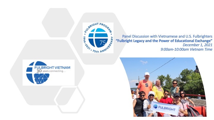 Promotional graphic for Fulbright Day: Vietnam with a group photo of students holding a Fulbright banner