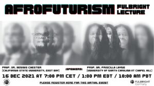 Black and white artistic rendering of speakers photos with black futuristic text at the top that reads "Afrofuturism." Promotional graphic for event.