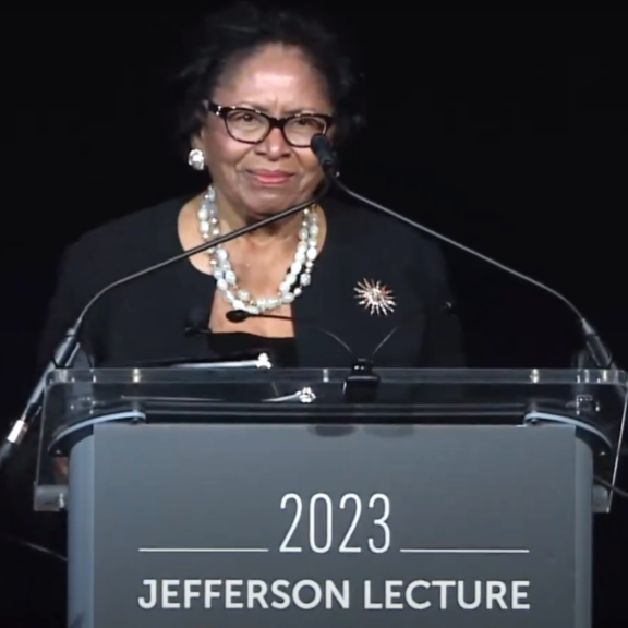 Ruth Simmons standing at podium delivering annual Jefferson lecture