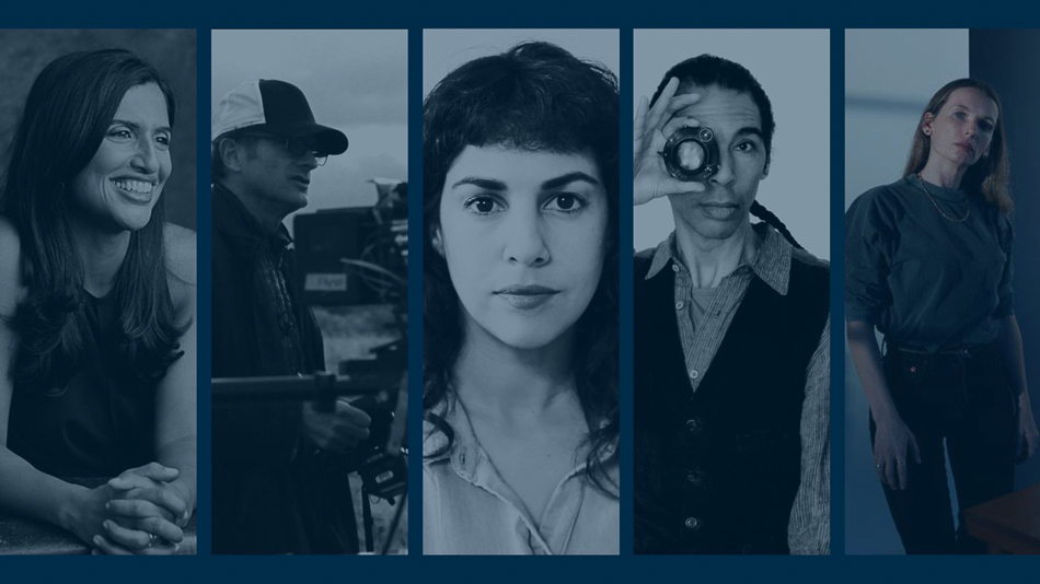 A blue-toned collage of five individual portraits, each separated by vertical lines.