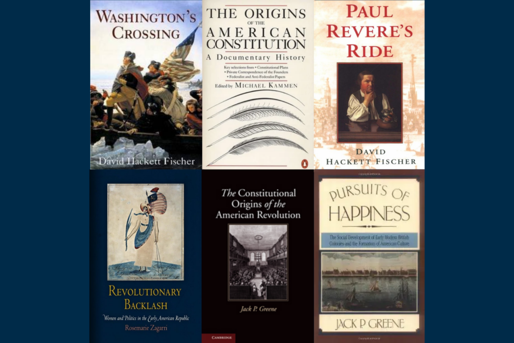 A group of six book covers with titles related to American Revolutionary War and Constitutional history.